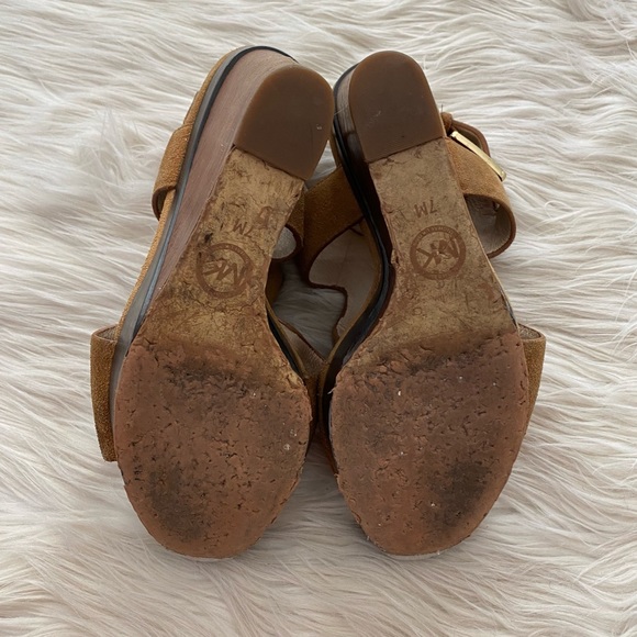 Michael Korks Tan Suede Peep Toe Josephine Wedge Sandals - Picture 8 of 15